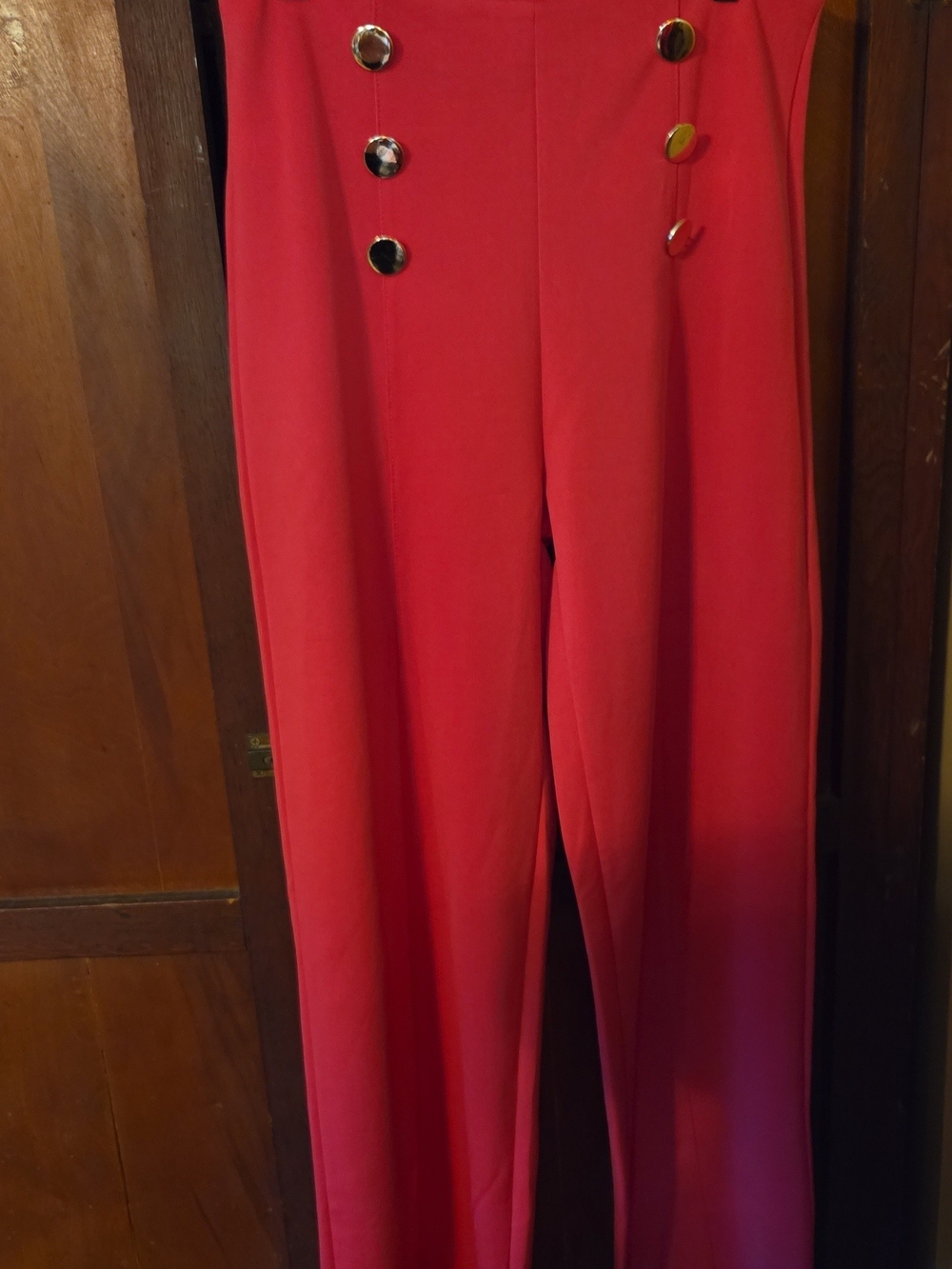 Pink High-Waist Wide-Leg Pants with Decorative Buttons